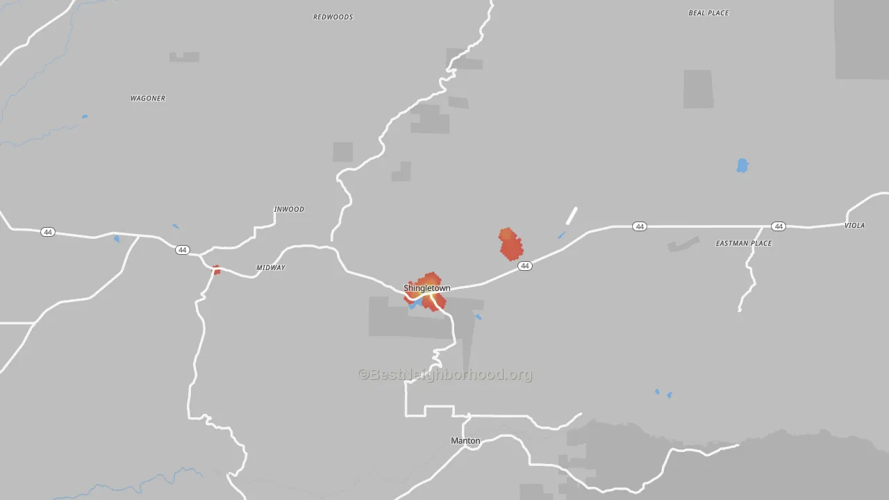 Walk Grade map of 96088, CA, walkable areas in green and car-dependent areas in red