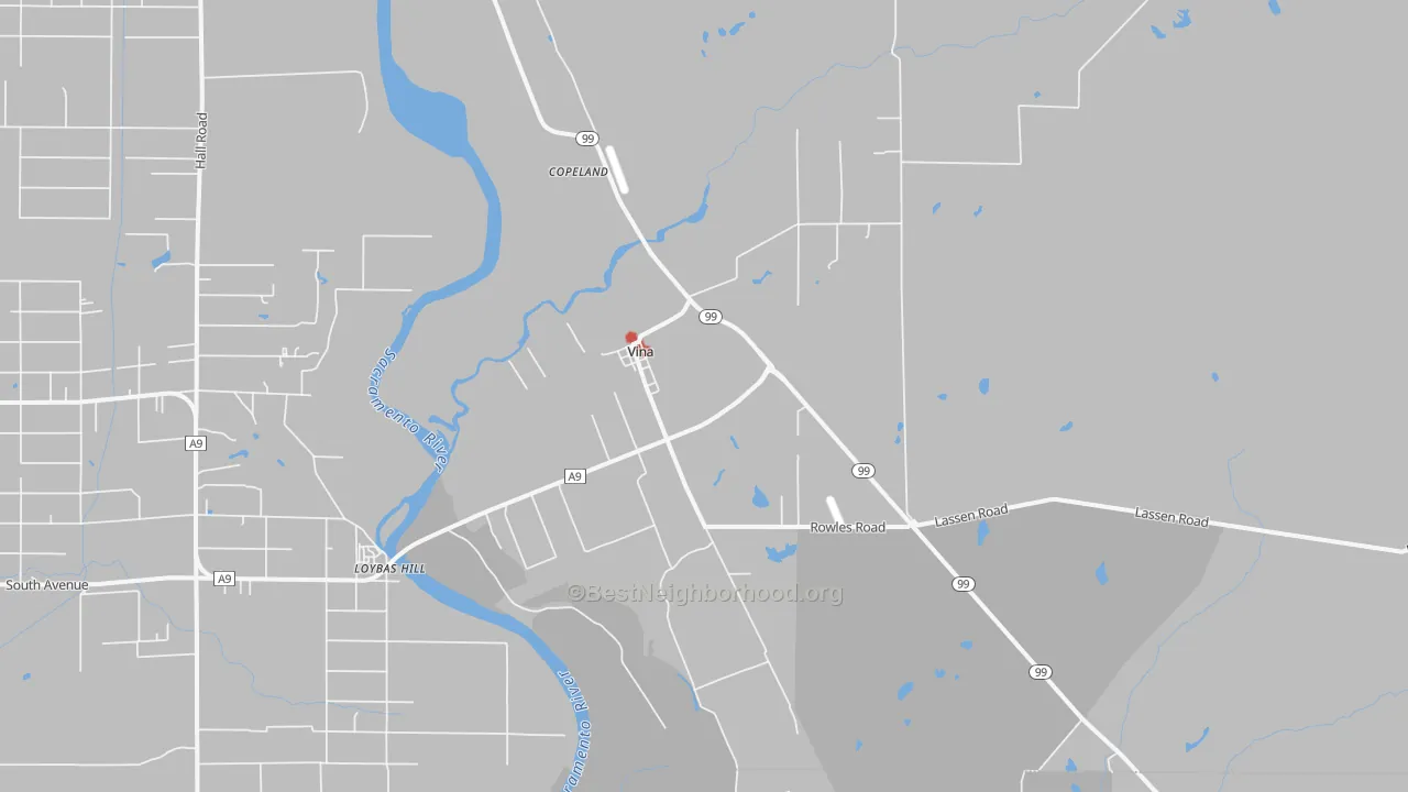 Walk Grade map of 96092, CA, walkable areas in green and car-dependent areas in red