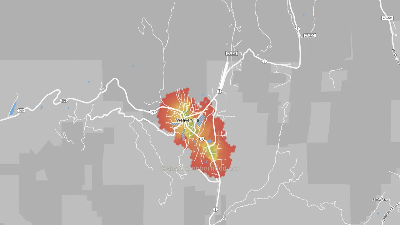 Walk Grade map of 96093, CA, walkable areas in green and car-dependent areas in red
