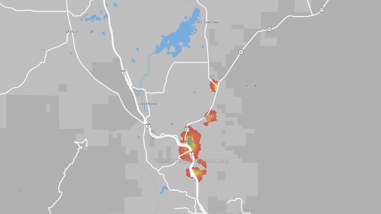 Walk Grade map of 96094, CA, walkable areas in green and car-dependent areas in red
