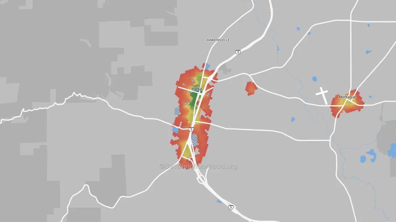 Walk Grade map of 96097, CA, walkable areas in green and car-dependent areas in red