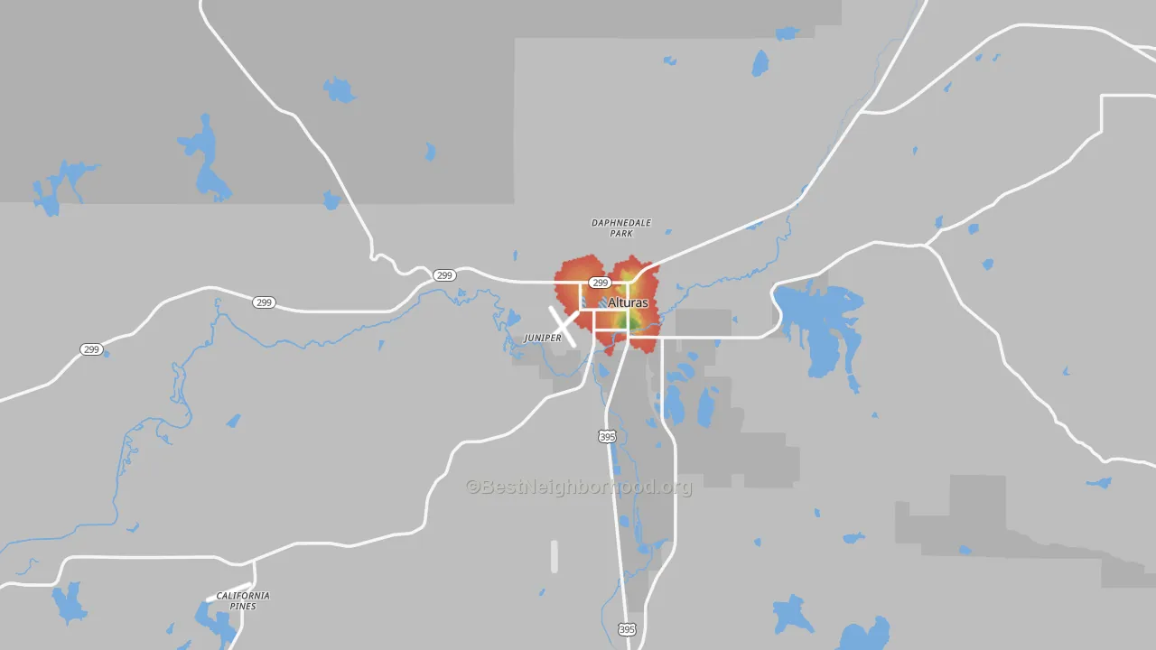 Walk Grade map of 96101, CA, walkable areas in green and car-dependent areas in red