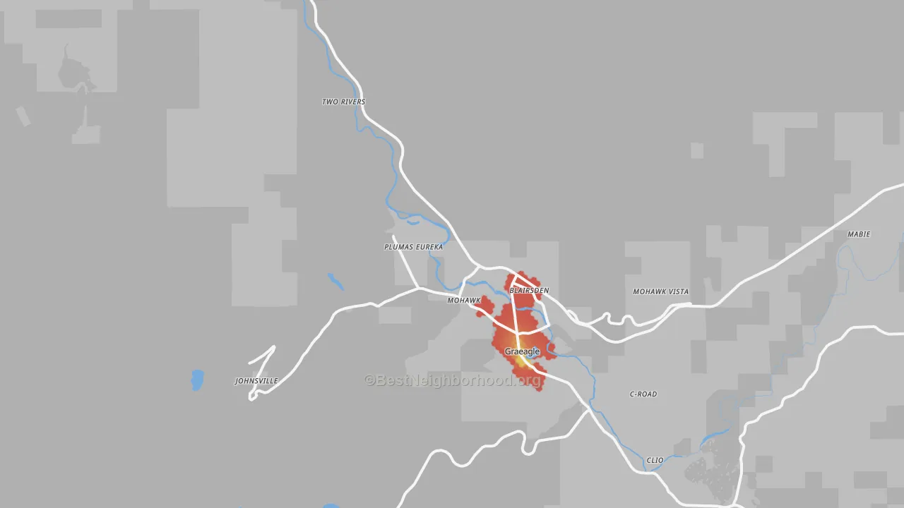 Walk Grade map of 96103, CA, walkable areas in green and car-dependent areas in red