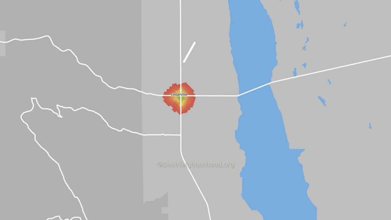 Walk Grade map of 96104, CA, walkable areas in green and car-dependent areas in red
