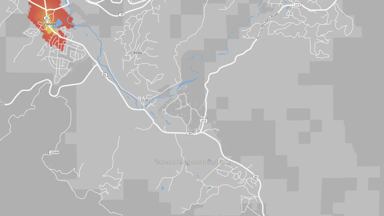 Walk Grade map of 96106, CA, walkable areas in green and car-dependent areas in red