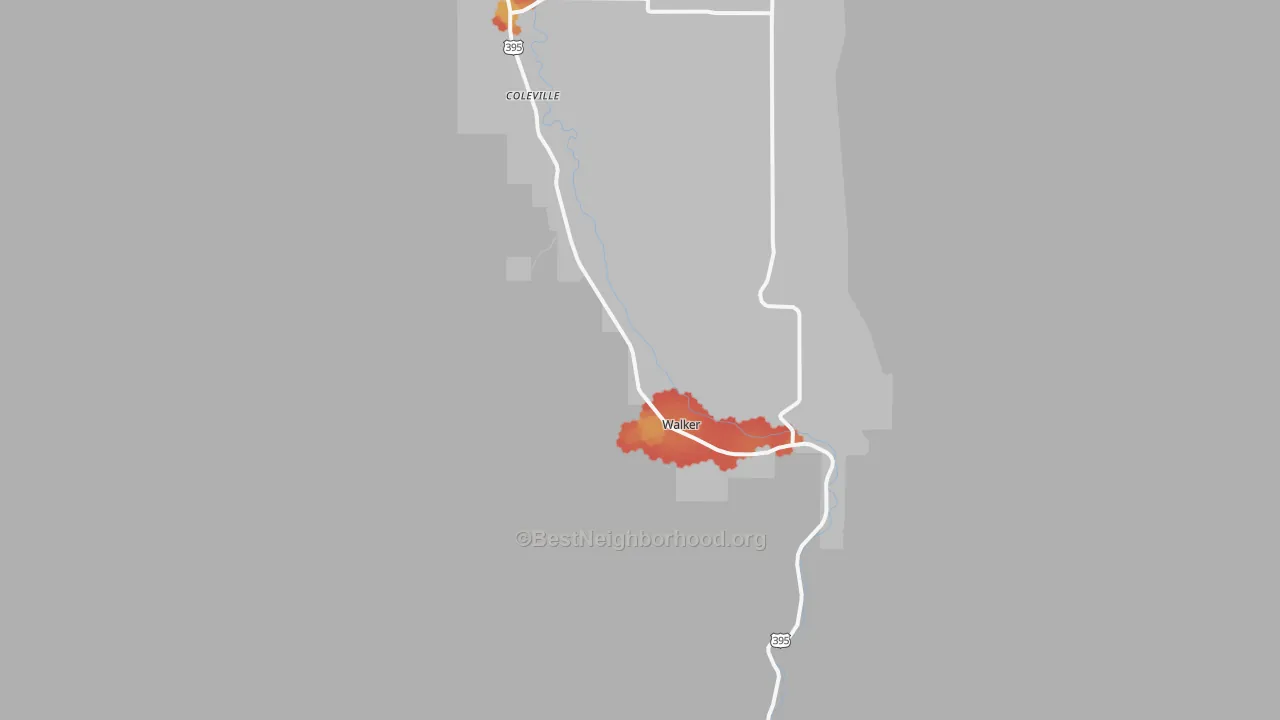 Walk Grade map of 96107, CA, walkable areas in green and car-dependent areas in red