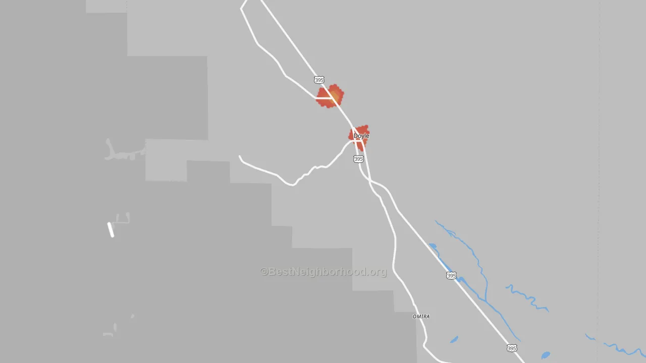 Walk Grade map of 96109, CA, walkable areas in green and car-dependent areas in red