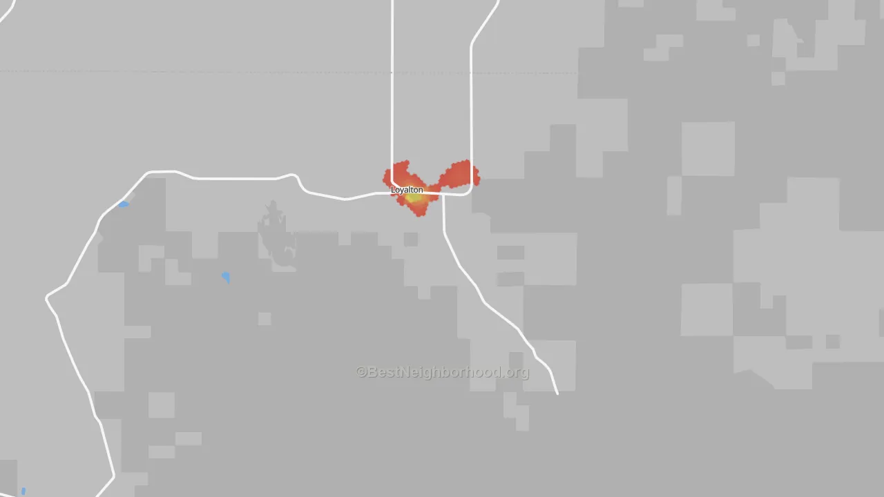Walk Grade map of 96118, CA, walkable areas in green and car-dependent areas in red