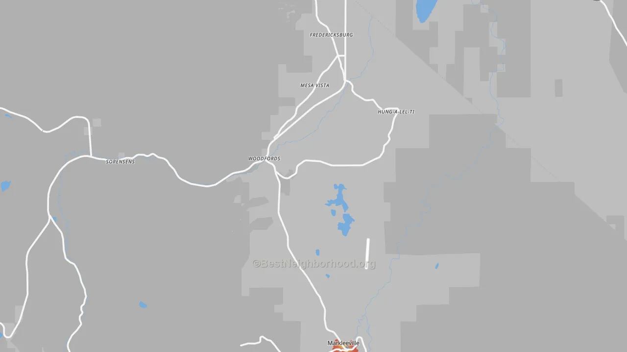 Walk Grade map of 96120, CA, walkable areas in green and car-dependent areas in red