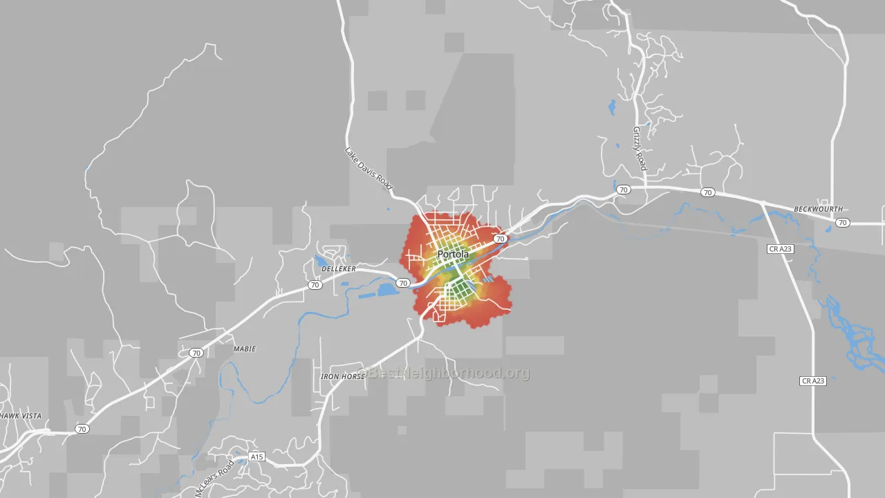 Walk Grade map of 96122, CA, walkable areas in green and car-dependent areas in red