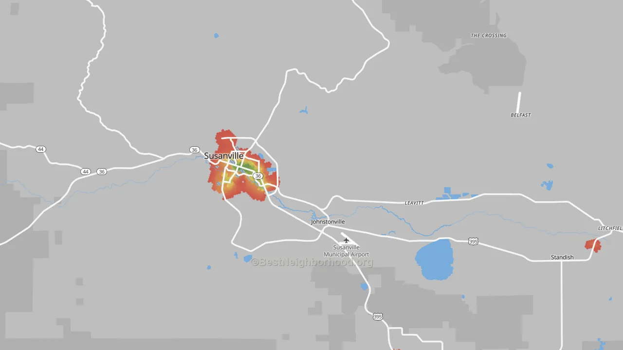 Walk Grade map of 96130, CA, walkable areas in green and car-dependent areas in red
