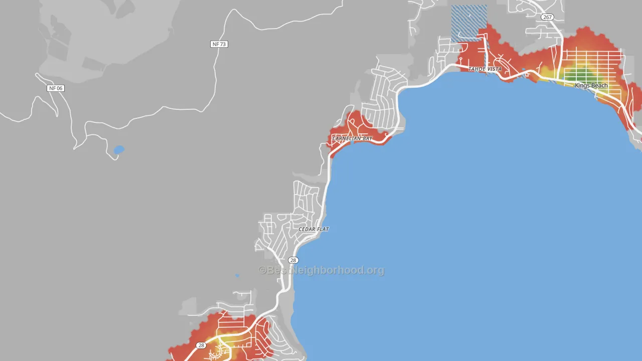 Walk Grade map of 96140, CA, walkable areas in green and car-dependent areas in red