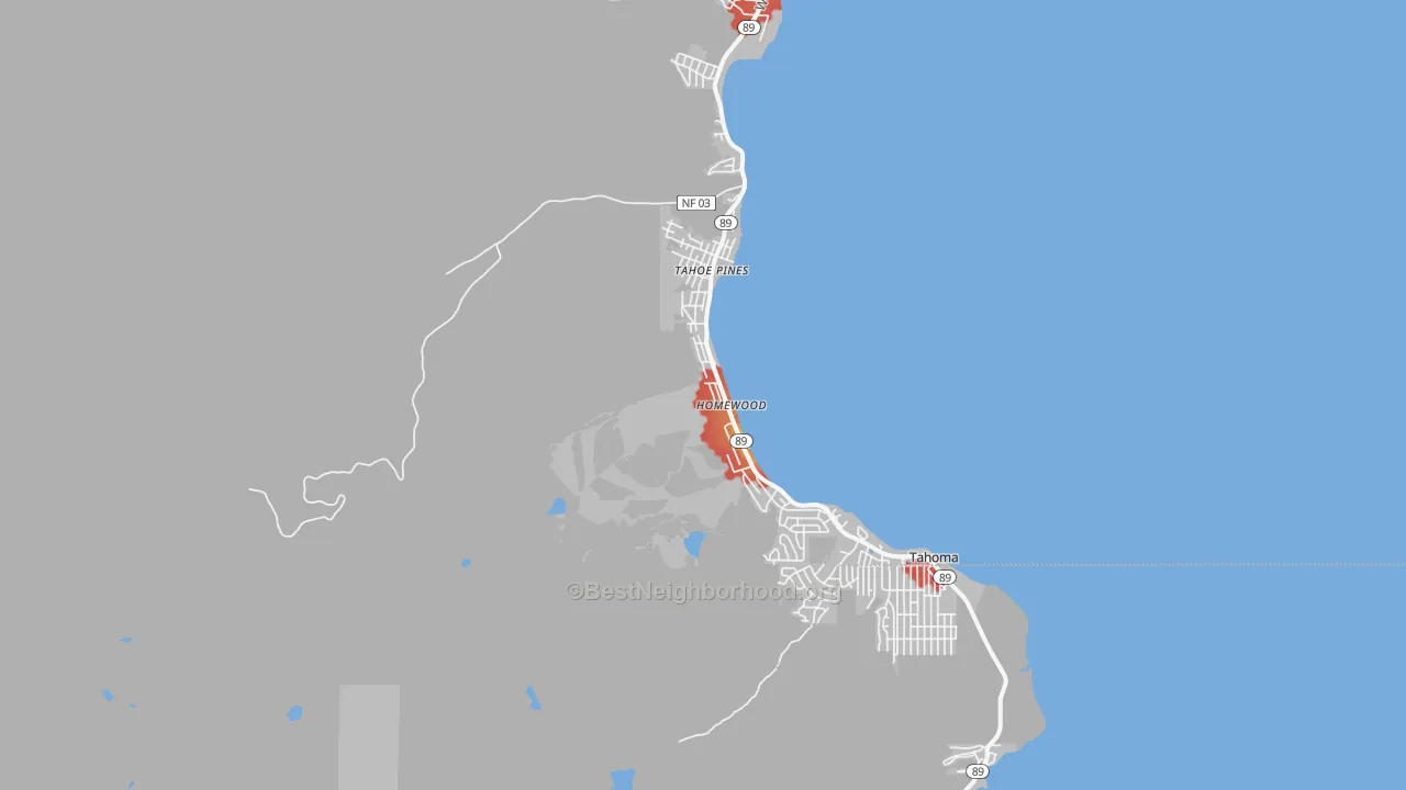 Walk Grade map of 96141, CA, walkable areas in green and car-dependent areas in red