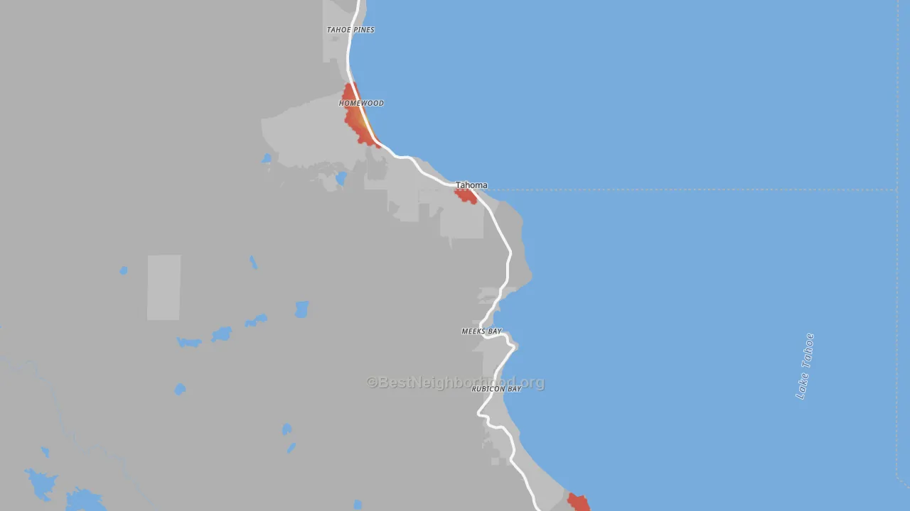 Walk Grade map of 96142, CA, walkable areas in green and car-dependent areas in red