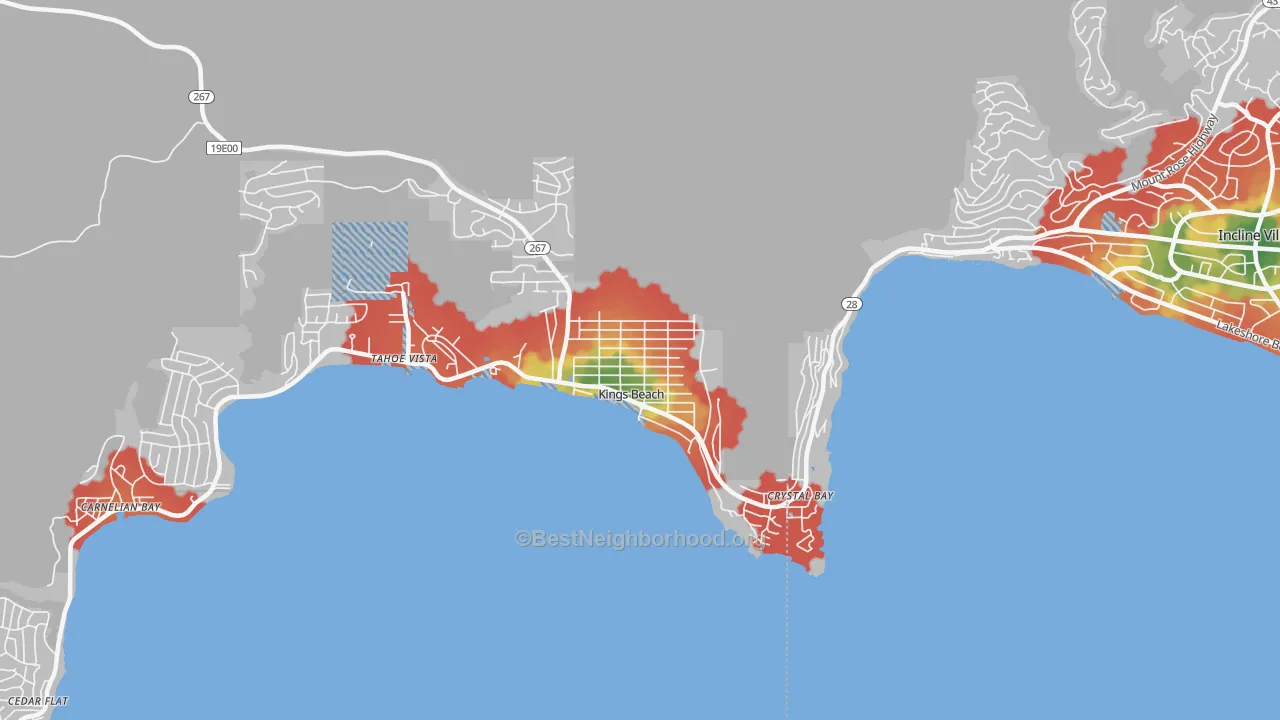 Walk Grade map of 96143, CA, walkable areas in green and car-dependent areas in red