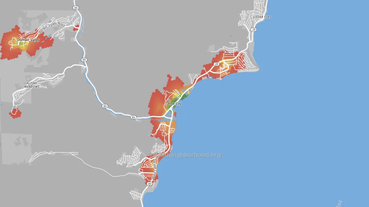 Walk Grade map of 96145, CA, walkable areas in green and car-dependent areas in red