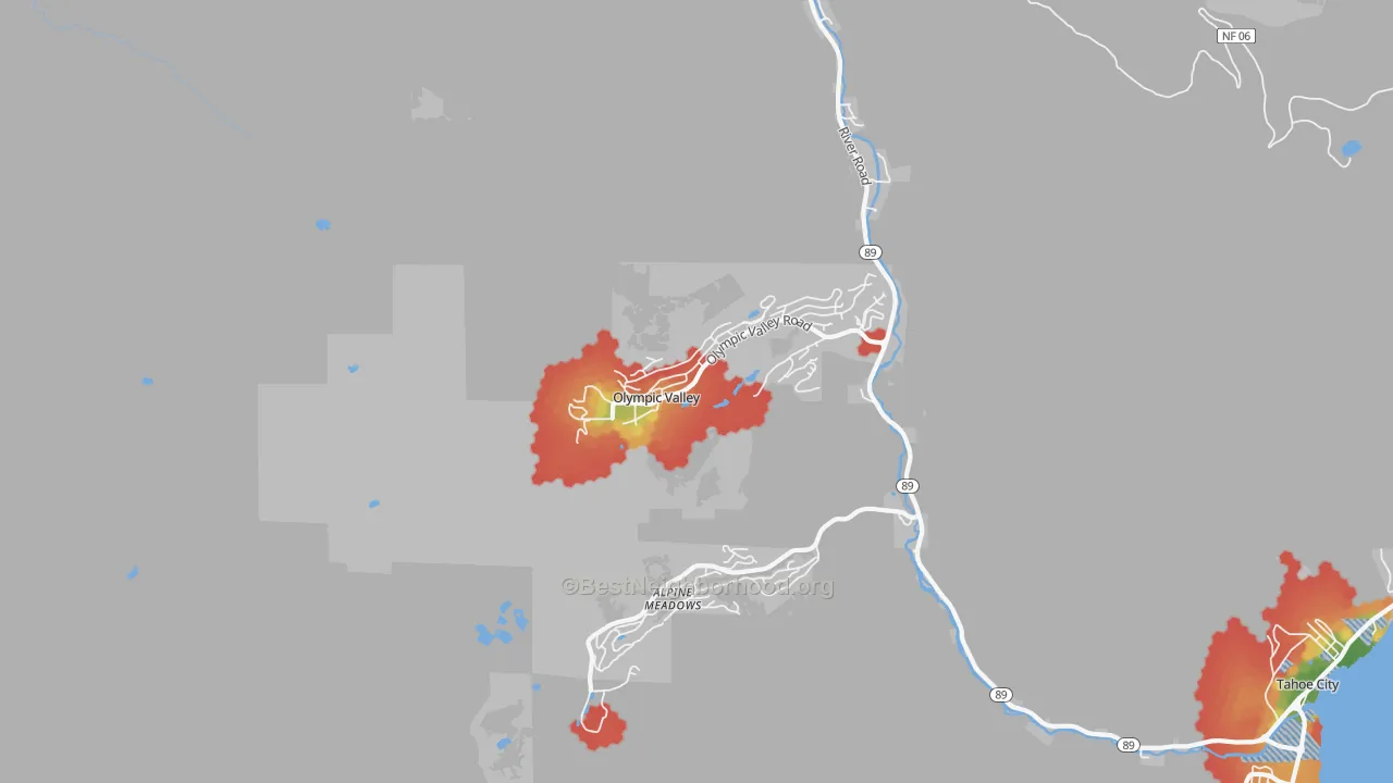 Walk Grade map of 96146, CA, walkable areas in green and car-dependent areas in red