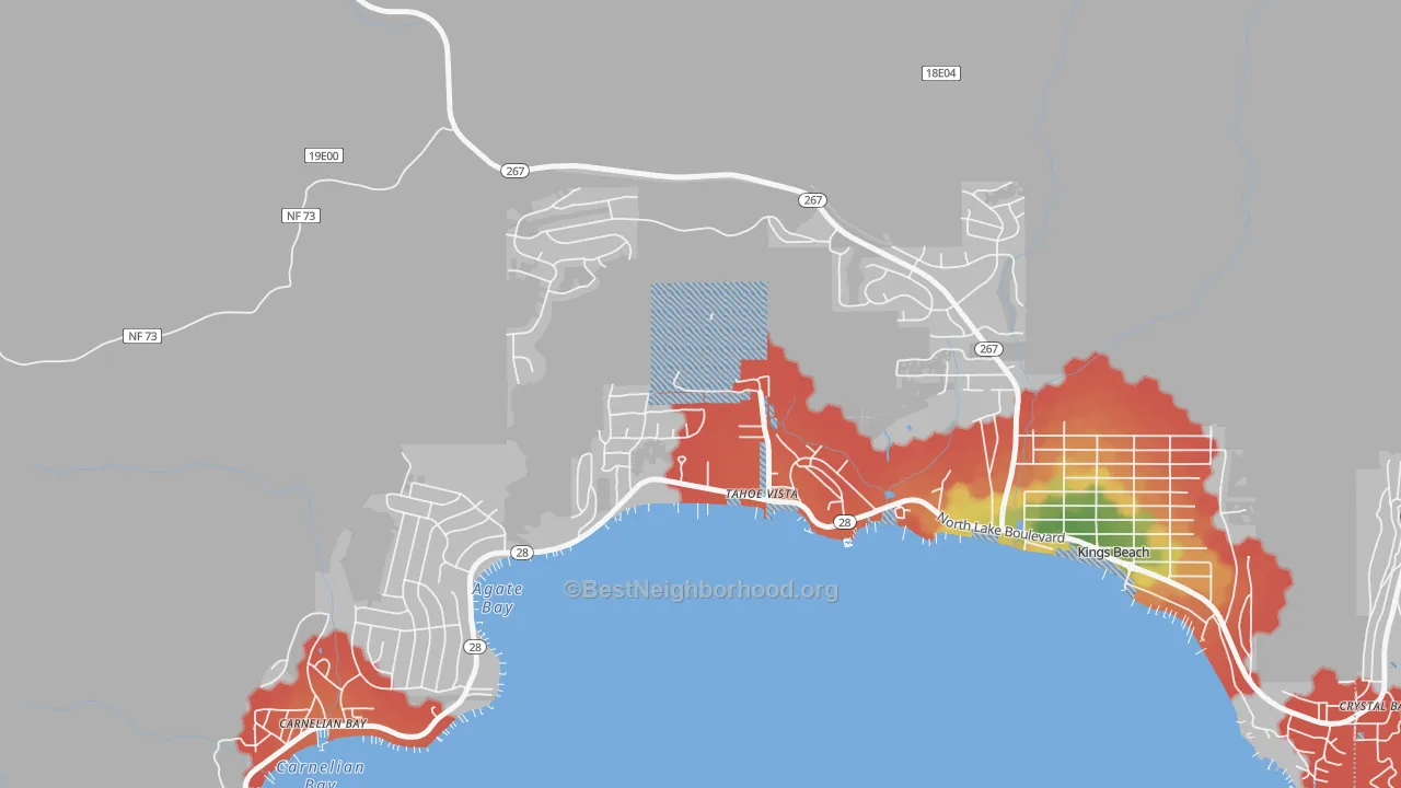 Walk Grade map of 96148, CA, walkable areas in green and car-dependent areas in red