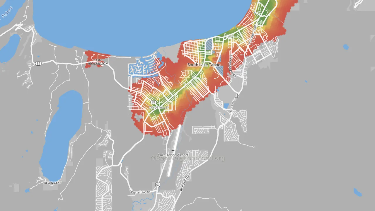 Walk Grade map of 96150, CA, walkable areas in green and car-dependent areas in red