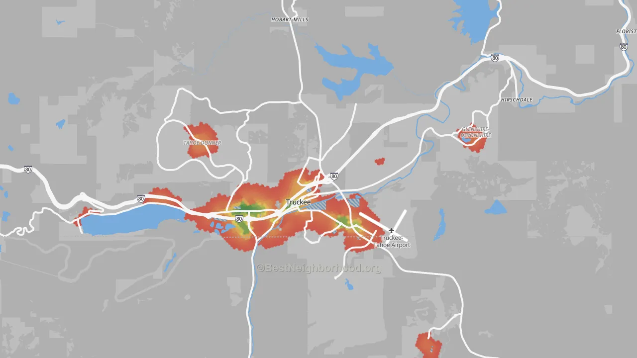 Walk Grade map of 96161, CA, walkable areas in green and car-dependent areas in red