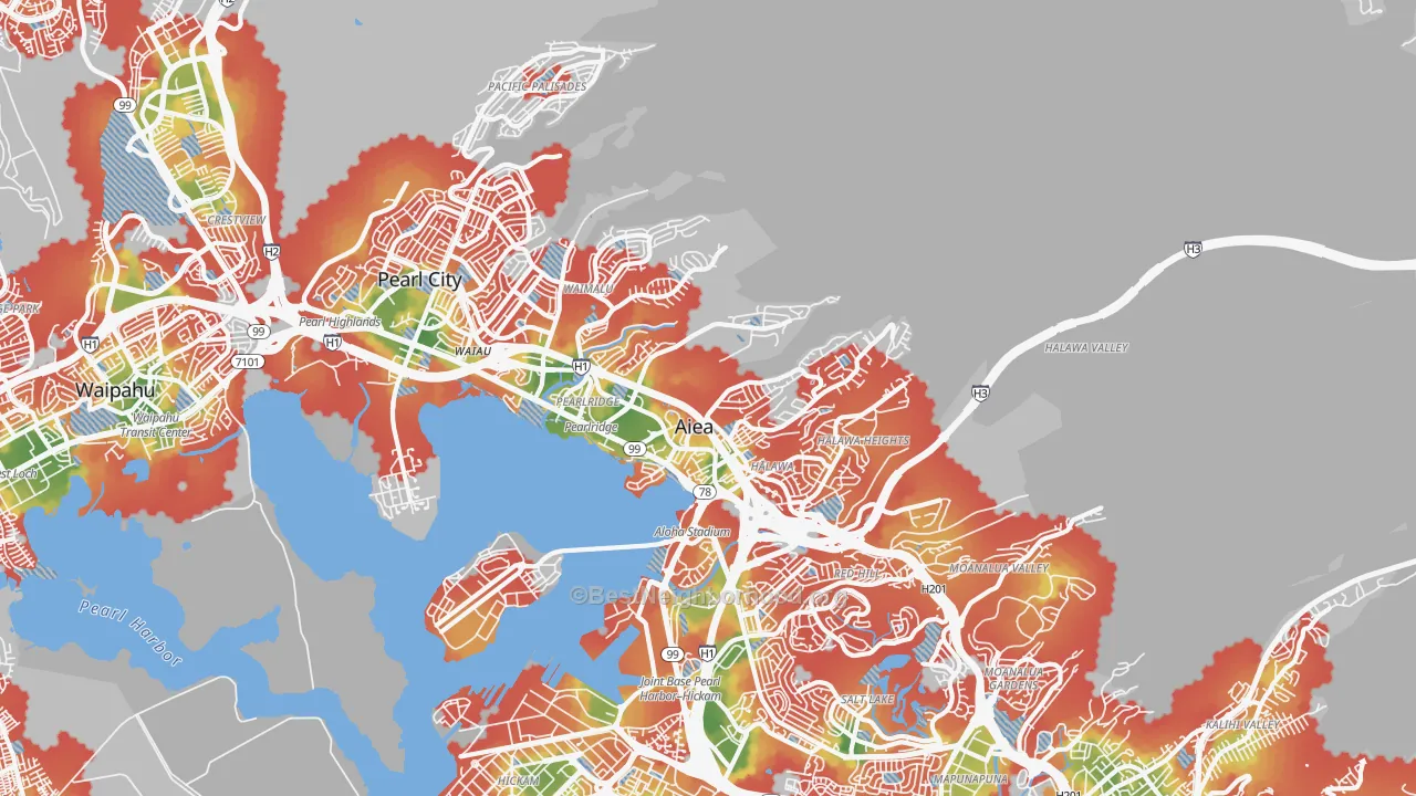 Walk Grade map of 96701, HI, walkable areas in green and car-dependent areas in red