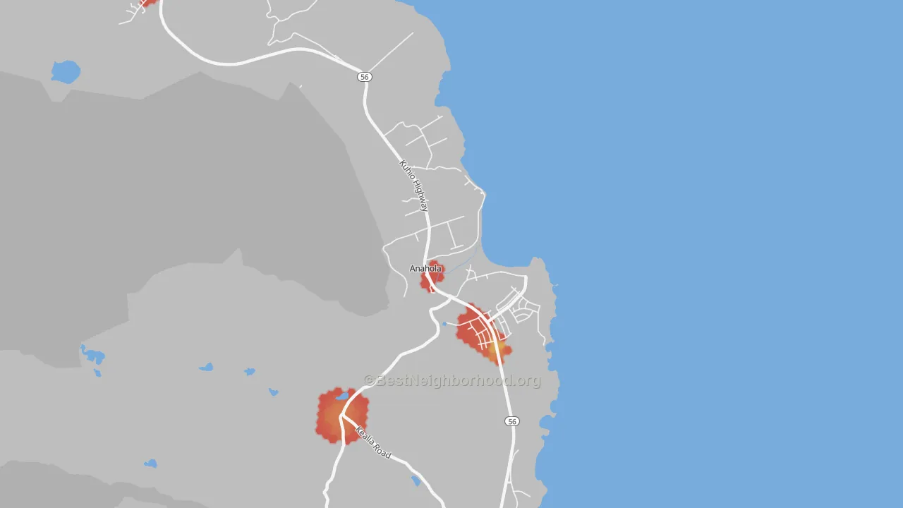 Walk Grade map of 96703, HI, walkable areas in green and car-dependent areas in red