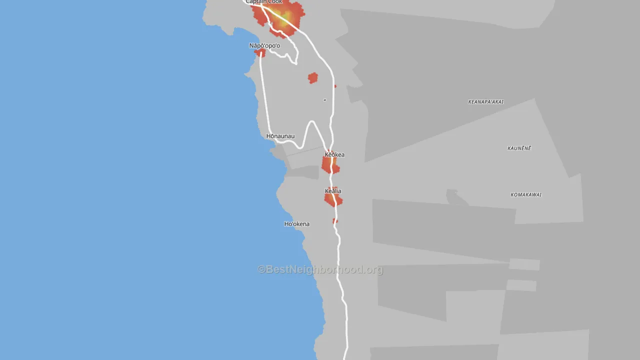 Walk Grade map of 96704, HI, walkable areas in green and car-dependent areas in red