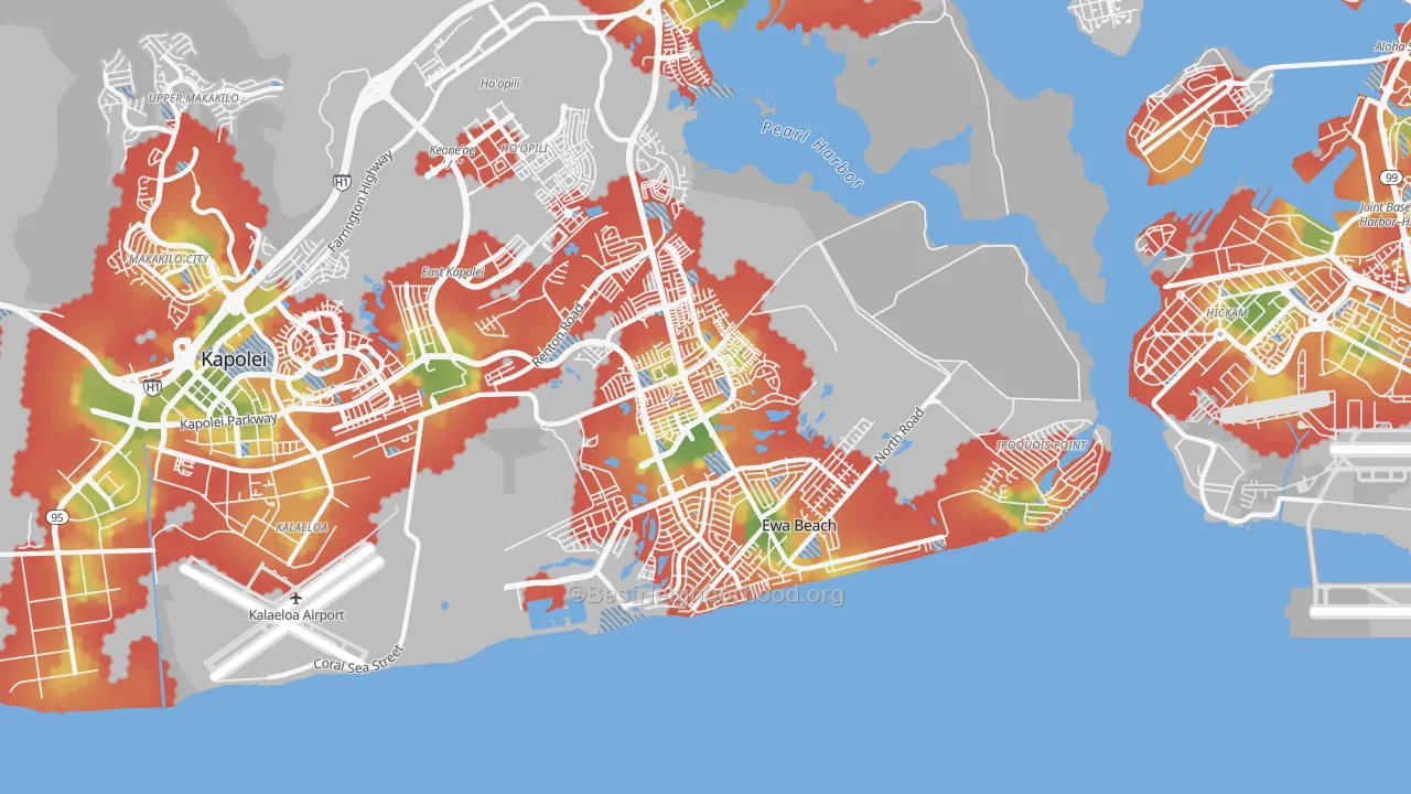 Walk Grade map of 96706, HI, walkable areas in green and car-dependent areas in red