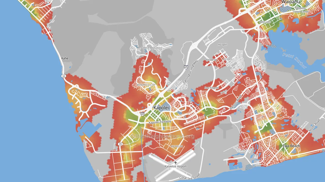 Walk Grade map of 96707, HI, walkable areas in green and car-dependent areas in red