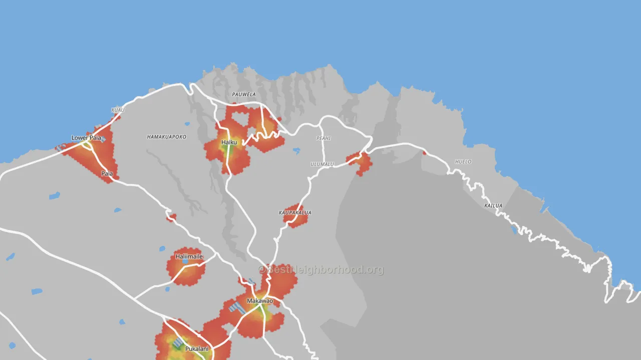 Walk Grade map of 96708, HI, walkable areas in green and car-dependent areas in red