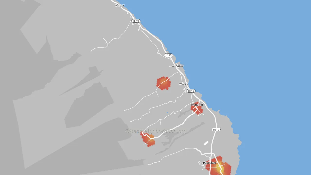 Walk Grade map of 96710, HI, walkable areas in green and car-dependent areas in red