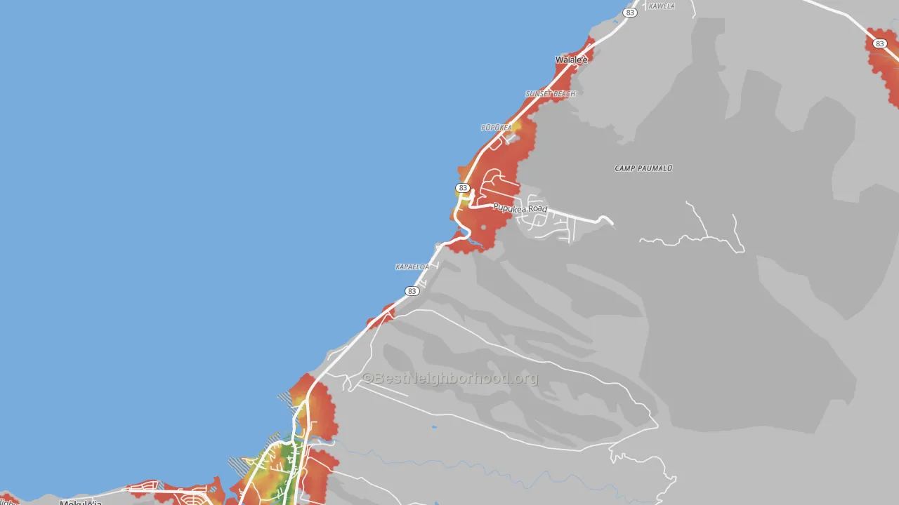 Walk Grade map of 96712, HI, walkable areas in green and car-dependent areas in red