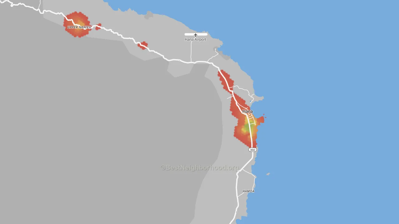 Walk Grade map of 96713, HI, walkable areas in green and car-dependent areas in red