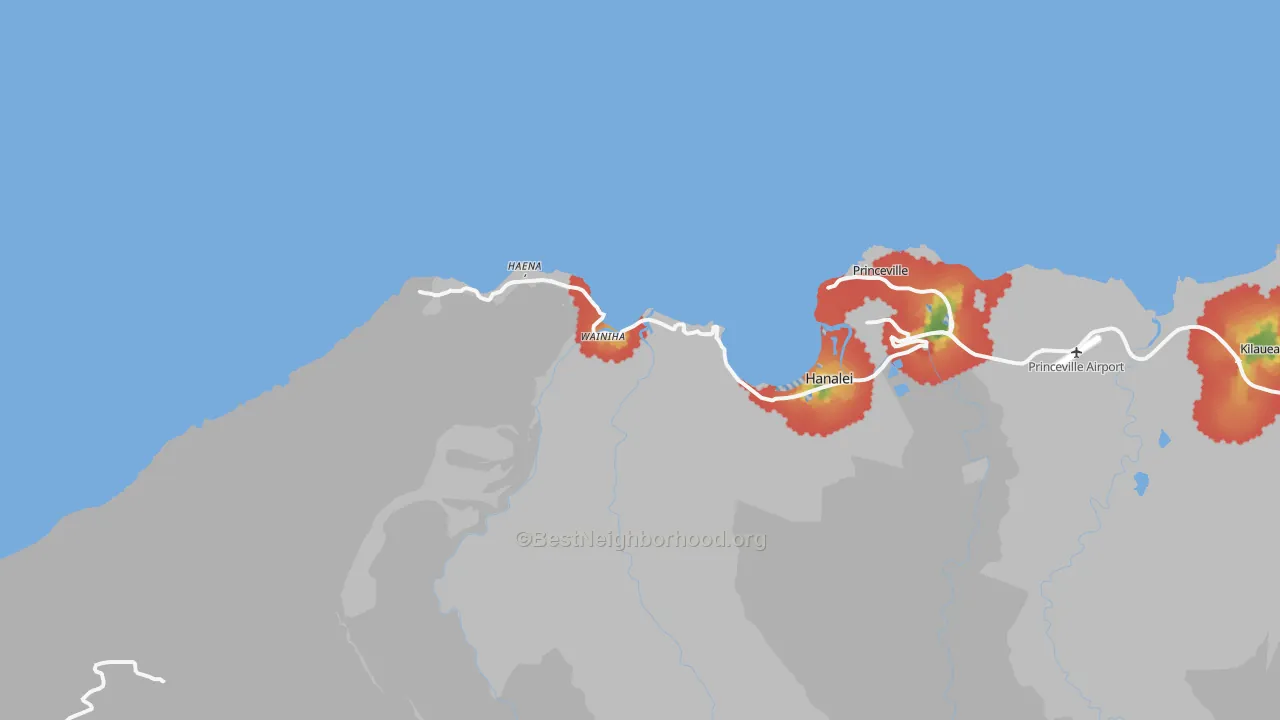 Walk Grade map of 96714, HI, walkable areas in green and car-dependent areas in red