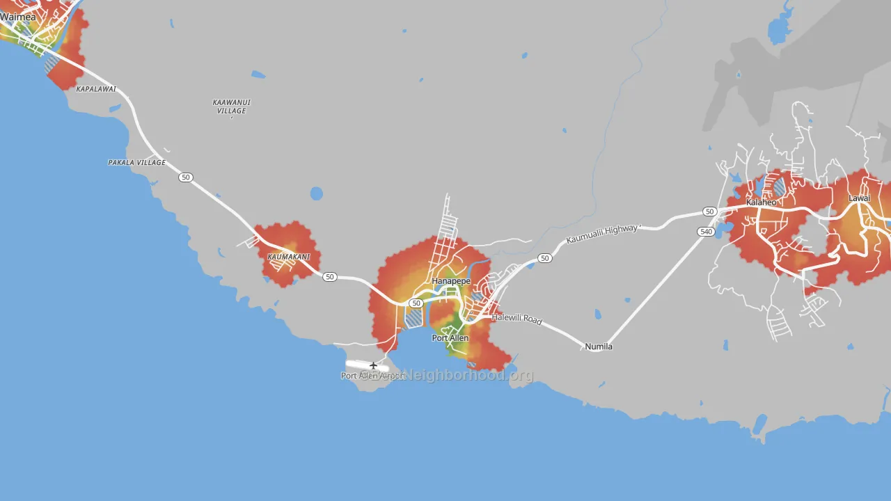 Walk Grade map of 96716, HI, walkable areas in green and car-dependent areas in red