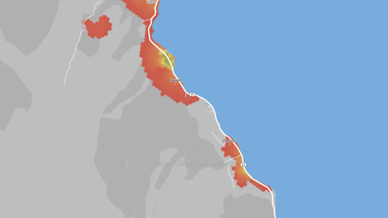 Walk Grade map of 96717, HI, walkable areas in green and car-dependent areas in red