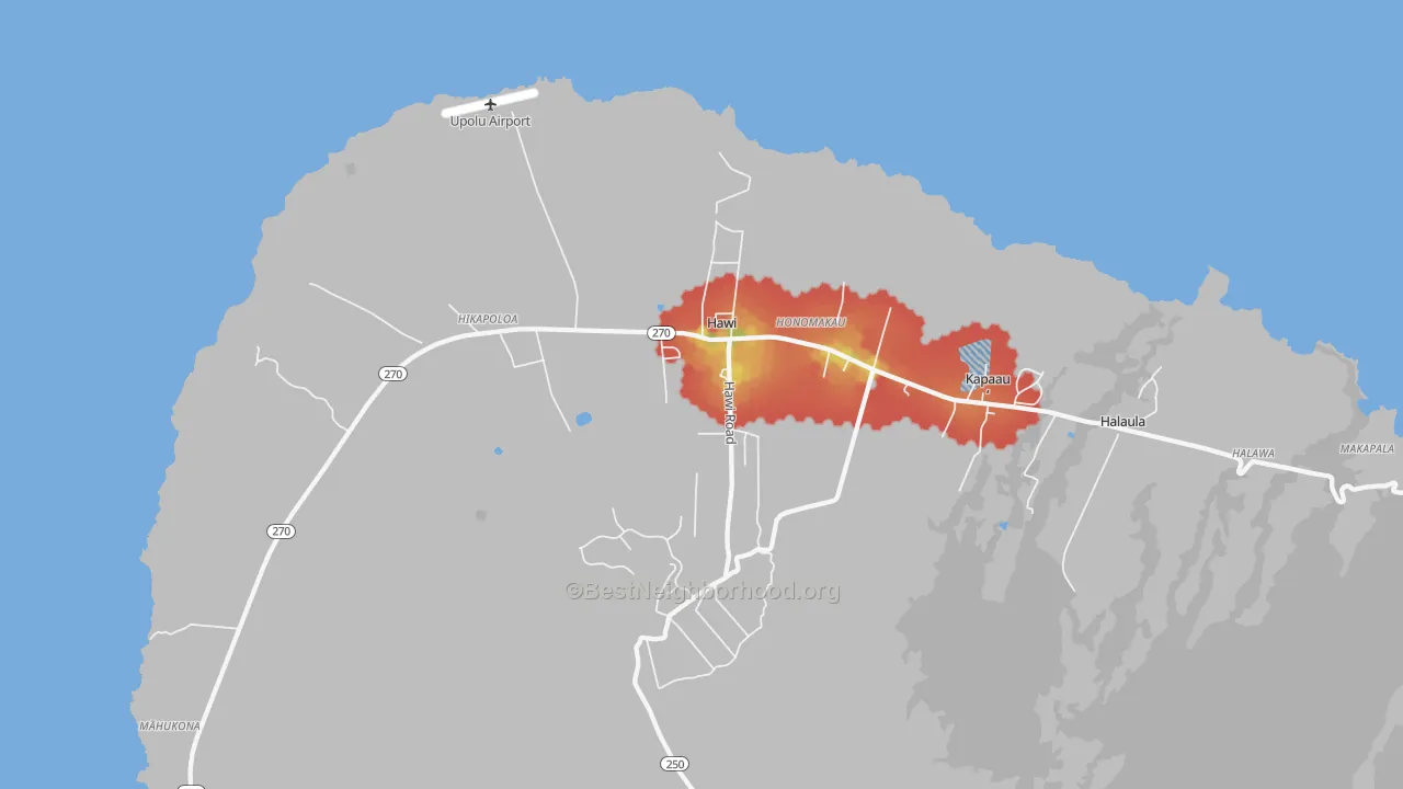 Walk Grade map of 96719, HI, walkable areas in green and car-dependent areas in red