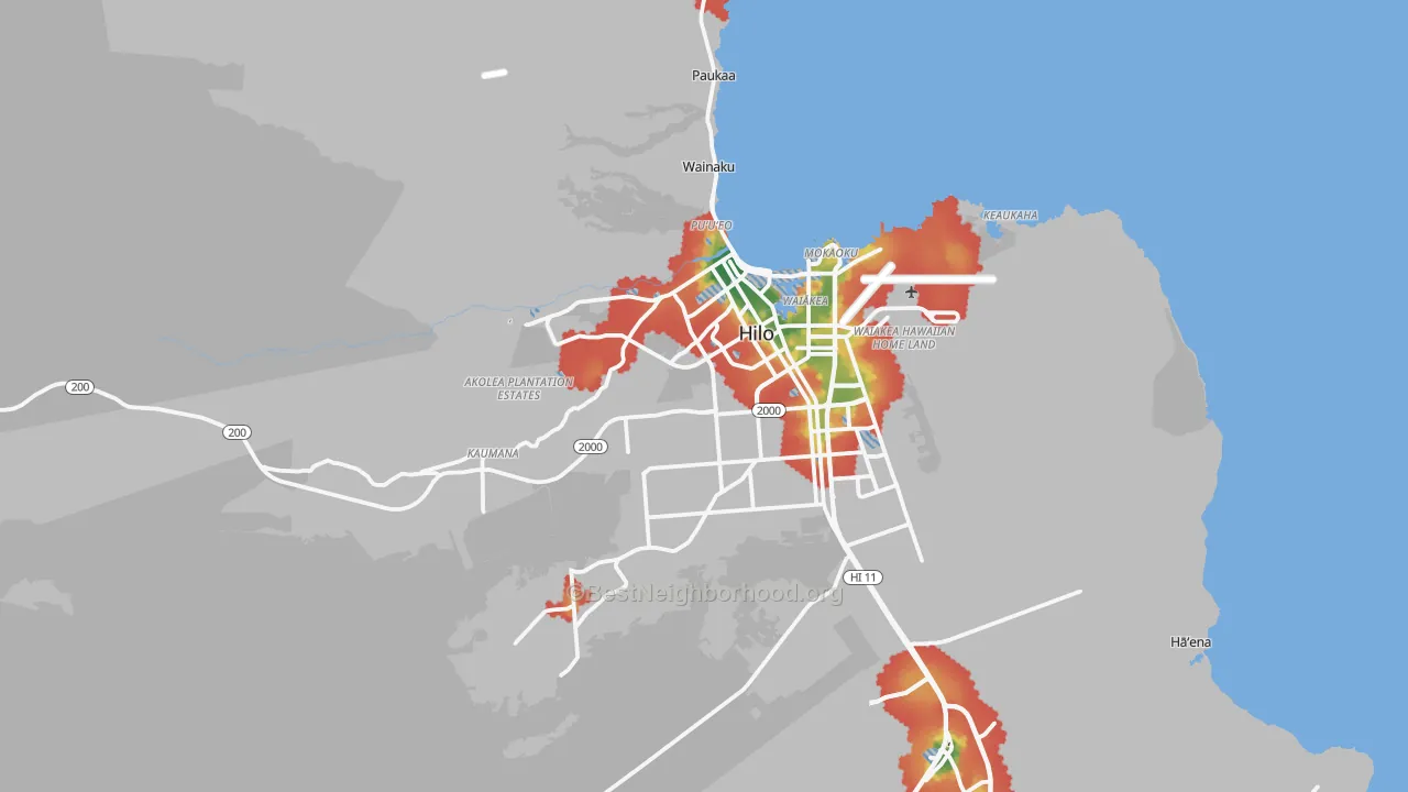 Walk Grade map of 96720, HI, walkable areas in green and car-dependent areas in red