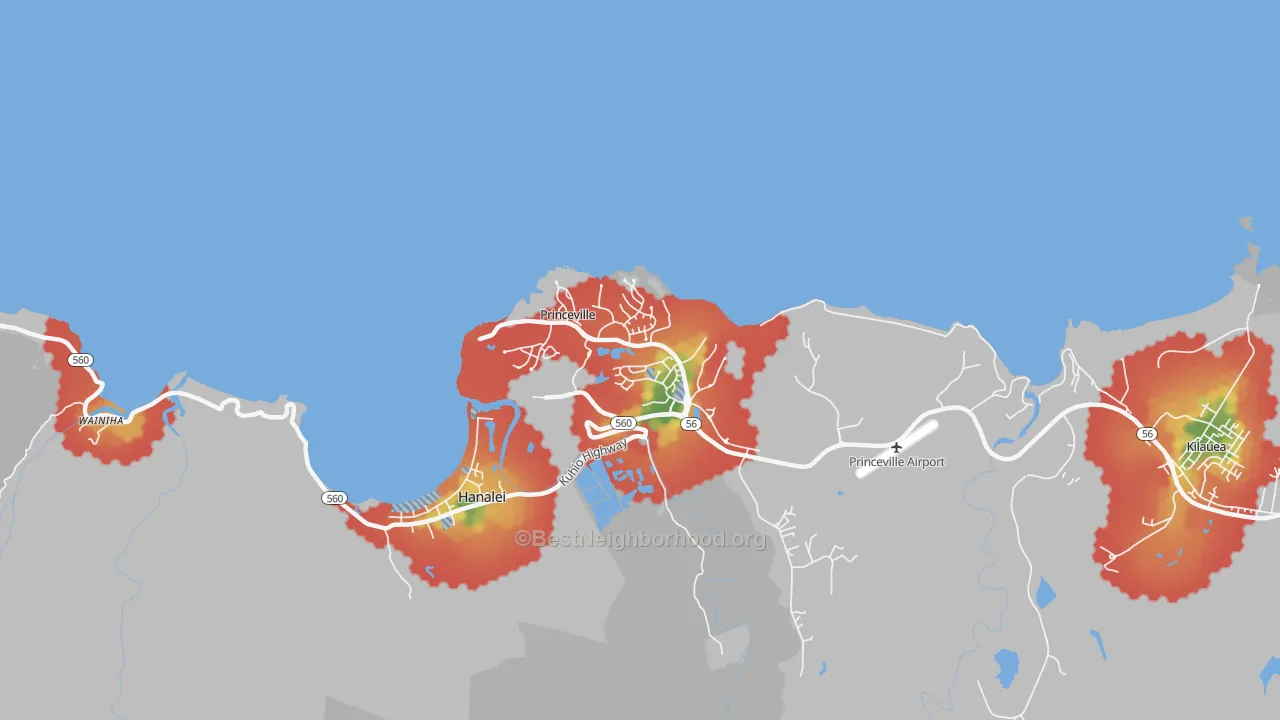 Walk Grade map of 96722, HI, walkable areas in green and car-dependent areas in red