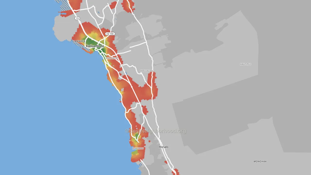 Walk Grade map of 96725, HI, walkable areas in green and car-dependent areas in red