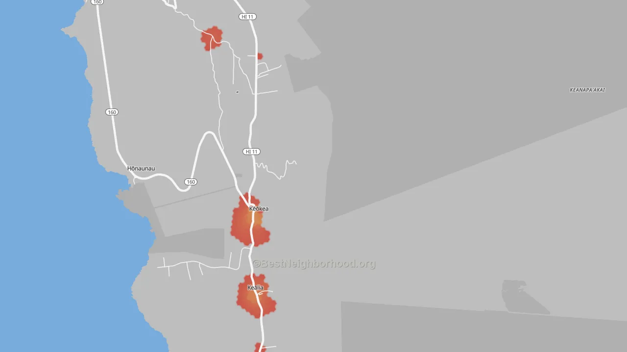 Walk Grade map of 96726, HI, walkable areas in green and car-dependent areas in red