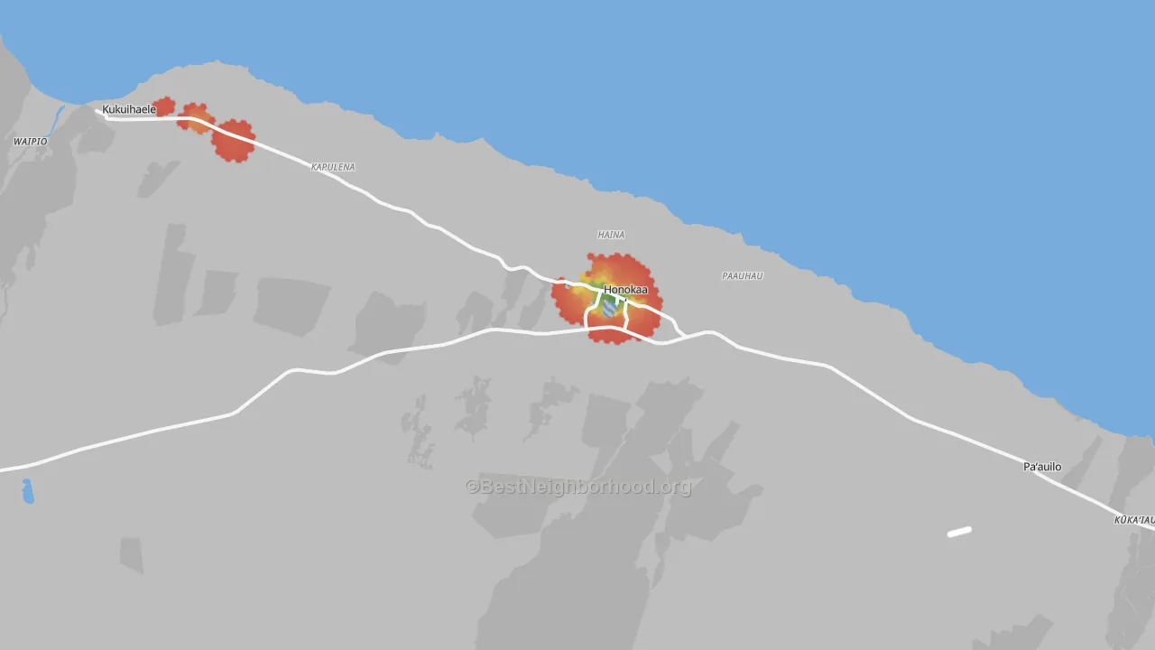 Walk Grade map of 96727, HI, walkable areas in green and car-dependent areas in red