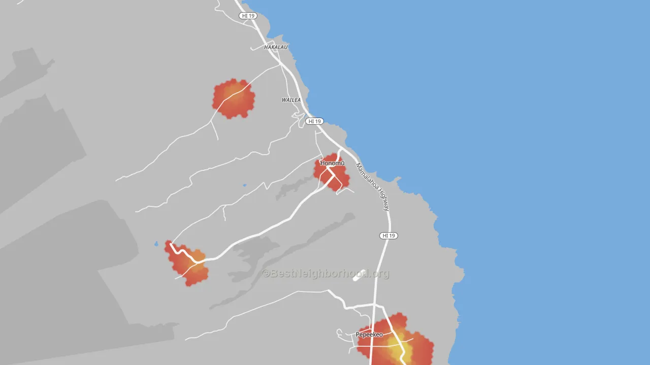 Walk Grade map of 96728, HI, walkable areas in green and car-dependent areas in red