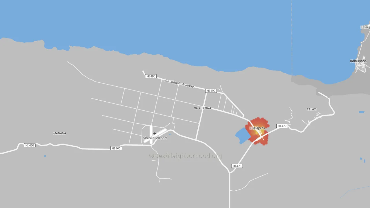 Walk Grade map of 96729, HI, walkable areas in green and car-dependent areas in red