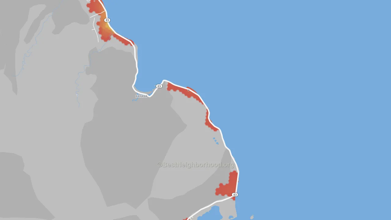Walk Grade map of 96730, HI, walkable areas in green and car-dependent areas in red