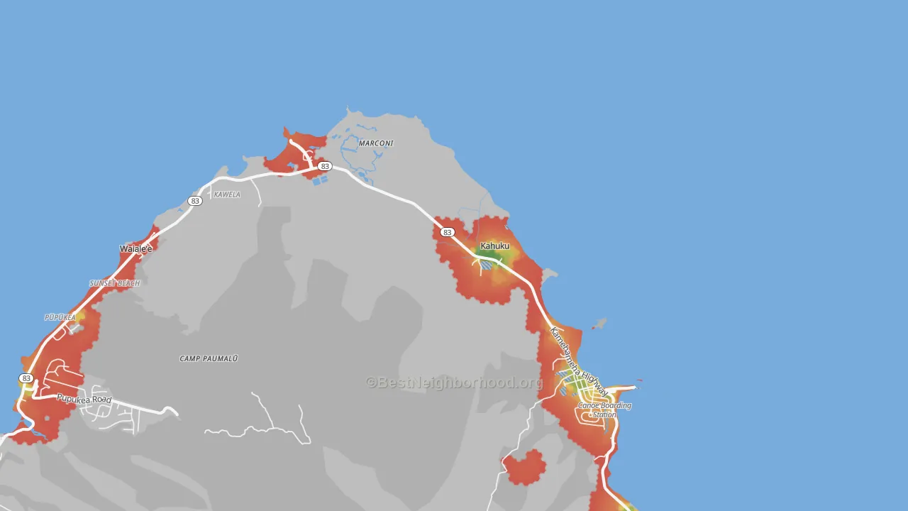 Walk Grade map of 96731, HI, walkable areas in green and car-dependent areas in red