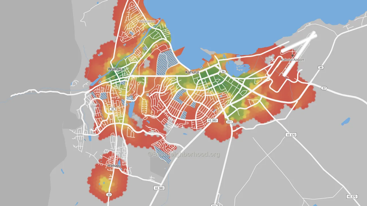 Walk Grade map of 96732, HI, walkable areas in green and car-dependent areas in red