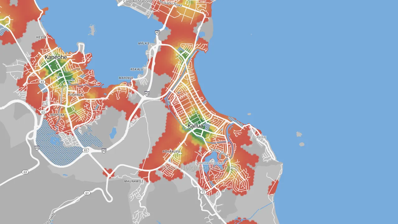 Walk Grade map of 96734, HI, walkable areas in green and car-dependent areas in red