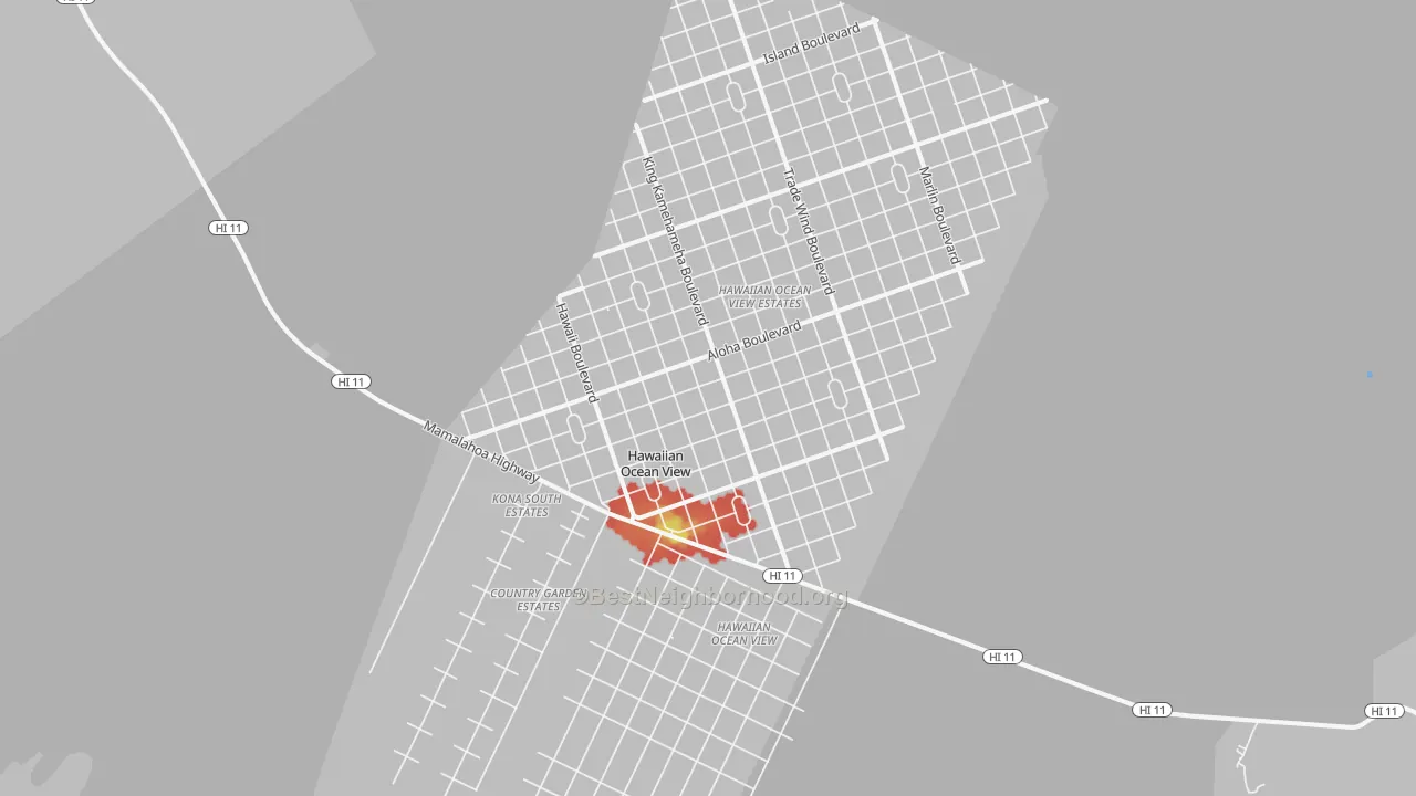 Walk Grade map of 96737, HI, walkable areas in green and car-dependent areas in red