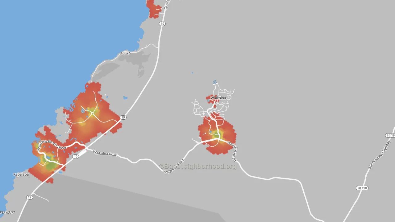 Walk Grade map of 96738, HI, walkable areas in green and car-dependent areas in red